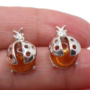 925 Sterling Silver Lucky Ladybug Baltic Amber Stud Earrings, Genuine Amber